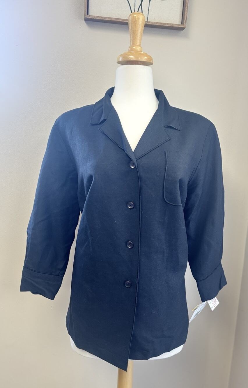 NWT Harve Benard Black Linen Blend Shirt, 3/4 Cuffed Sleeve Button Up Pocket 16W